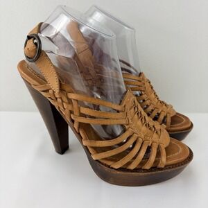Frye Women's Brown Leather Woven Platform Heels 9B 73396 Made Mexico